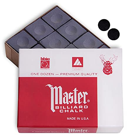 Master Billiard Pool Cue Chalk Premium Quality - 1 Dozen - Made in The USA + 2 pcs of Quality Billiard Pool Table Spots (Charcoal)