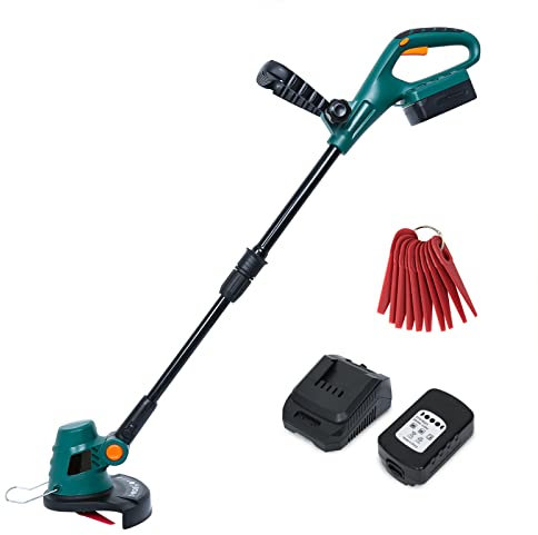 Herrselsam Akku Rasentrimmer 20 V, Rasen Kantenschneider Set mit 2.0 Ah Li-Ion-Akku und Kunststoffmesser, 23 cm Schnittbreite, Teleskopstiel Drehbarer