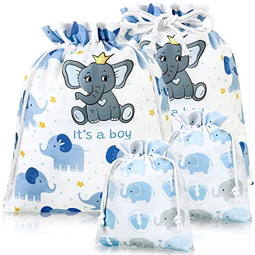 Sadnyy 4 Pcs Large Baby Shower Drawstring Gift Bags for Boy Reusable Fabric Wrap Bags 20 Inch Large 12 Inch Medium Elephants Treat Sacks for Baby Shower Child's Birthday Gender Reveal Party