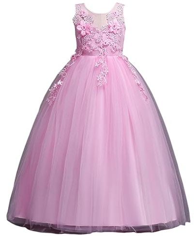 DISSA Robe Fille sans Manche 3D Dentelle Tulle Princesse,Rose,140