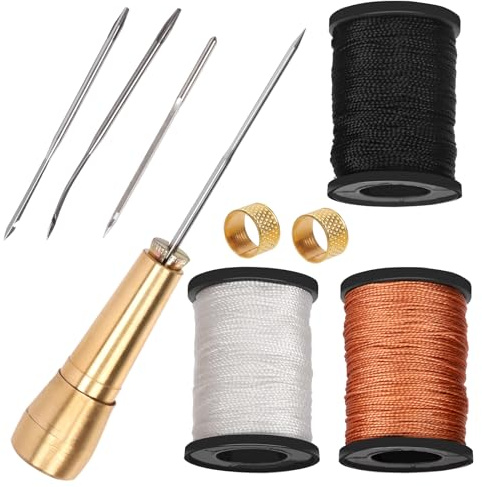 Tanstic Kit de 10 alênes à coudre pour cuir, comprend une aiguille à coudre en cuir avec poignée en cuivre, 3 couleurs de fil de cordon en nylon et des dés à coudre pour la couture, la réparation de