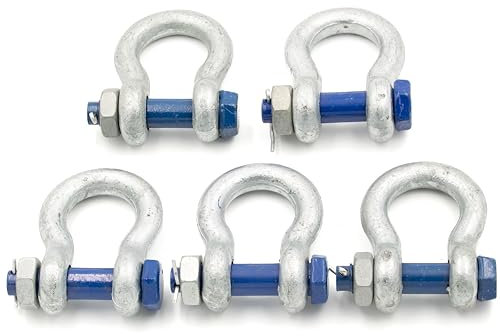 Schäkel 3,25t Tragfähigkeit 5 Stück mit Augbolzen mit Mutter und Splint - Schäkel Geschweift Form BX - Schäkel Hochfest - Stahl Feuerverzinkt Rundschäkel