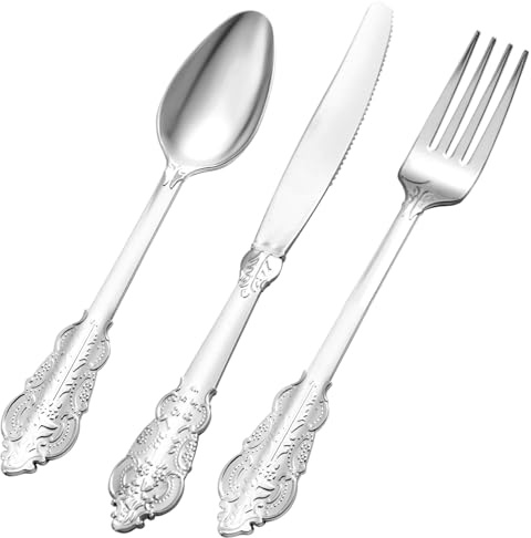 Bestluck 150PCS Silver Plastic Silverware for 50 Guests, Heavy Duty Silver Disposable Utensils Sets, Includes 50 Forks, 50 Spoons, 50 Knives, Elegant Cutlery Perfect for Wedding, Party