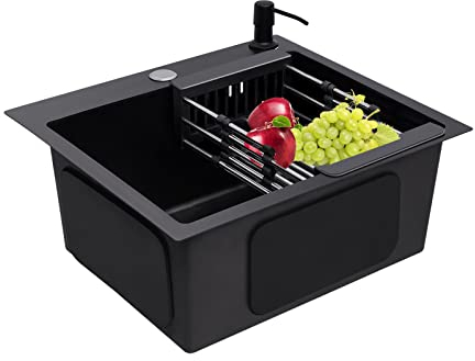 Ausgussbecken Waschküche, Edelstahl Einbauspüle Küchenspüle, Küchenspüle Set, schwarze Unterbauspüle, Eckspüle mit Fallrohr, Seifenspender und Ablaufkorb, 40x45 cm