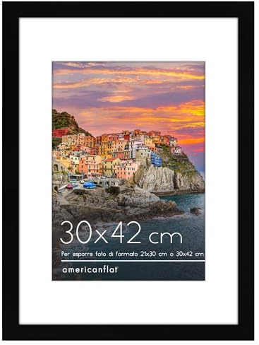 Americanflat Marco de Fotos de 30x42 cm en Negro - Úsalo como Marco de 21x30 cm con Paspartú o Marco de 30x42 cm sin Paspartú - Marco Fotos Pared Horizontal o Vertical