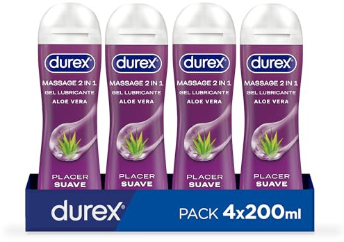 Durex Play Massage Gel Lubricante 2 en 1, Gel de Masaje y Lubricante con Aloe Vera 200 ml [Pack 4 Unidades]