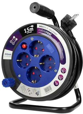 Miratic Enrollacables con 4 Tomas 2P+T (Schuko) - Alargador Enchufe - Extension Electrica - Carrete con Soporte Metálico, Cable H05VV-F 3x1,5mm² Longitud 15m