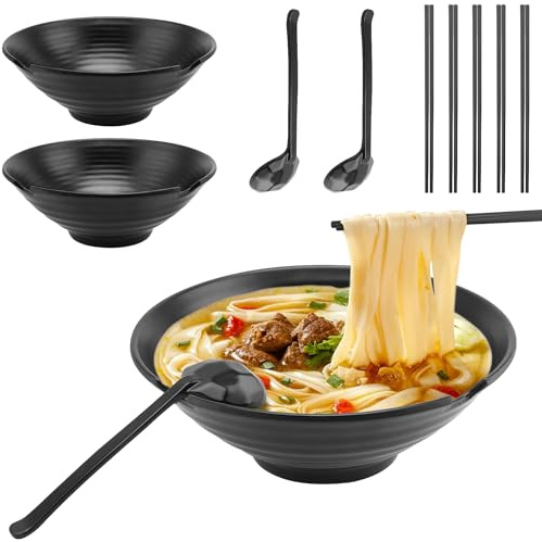 MUNGHOK Lot de 3 bols à ramen - 1000 ml - En mélamine - 23 cm - Avec cuillères et baguettes - Noir - Incassable - Pour ramen, Udon, pâtes, salade, soba, céréales