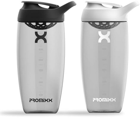 Promixx PURSUIT Protein Shaker Bottle 2-Pack – Premium Sports Shaker Bottles for Protein Mixes and Supplement Shakes – Stealth Black, Arctic White, 700ml