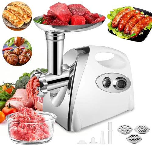 SINZUX Hachoir a Viande Électrique, 2800w, Meat Grinder avec 3 Plaques de Coupe (en Acier Inoxydable), Pour la Préparation Saucisses, Boulettes etc., Blanc