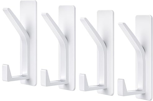 Dntorx 4 toalleros sin taladrar, color blanco, ganchos adhesivos de metal, extrafuertes, con ganchos dobles, ganchos autoadhesivos para pared, para baño, cocina, salón