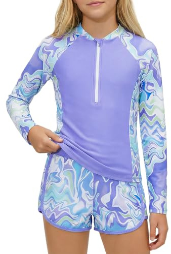 JiAmy Girl Swimsuits with Shorts, Two Piece Girls Swimming Costume,Long Sleeve Kids Swimwear Zip Rash Guard Bathing Suit Purple 11-12 Years