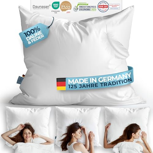 Glückstoff® Daunenkissen 80x80 [Made in Germany] - Hochwertiges Kopfkissen mit 100% Daunen & Federn - Ergonomisches 3 Kammer Daunenkissen - Bettkissen - Federkissen - Kissen mit Federfüllung