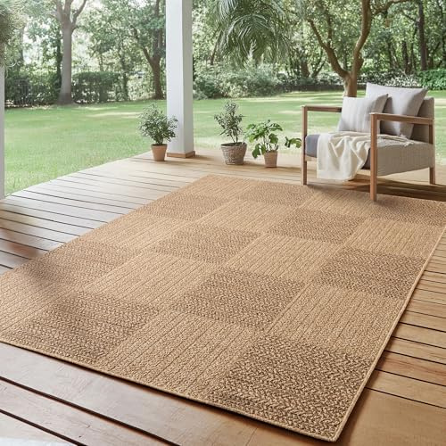 SIMPEX Utomhusmatta 160x230 cm Väderbeständig Lättskött Jute Naturlook Rut Design för Vardagsrum Sovrum Terrass Balkong Trädgård