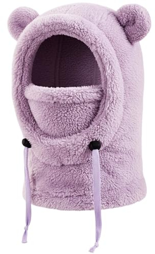 DRESHOW Balaclava Thermal Kids Windproof Fleece Ski Balaclava Winter Neck Warmer Hood Ski Fleece Hat with Cute Fluffy Ears for Girls Cycling Skating Hiking Outdoor Above Age 3 and Under Age 10