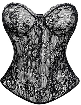Shapewear 2025 Corset Bustier à Armatures en Acier pour Femmes Top Drawer Nude avec Dentelle Noire, Noir , XL