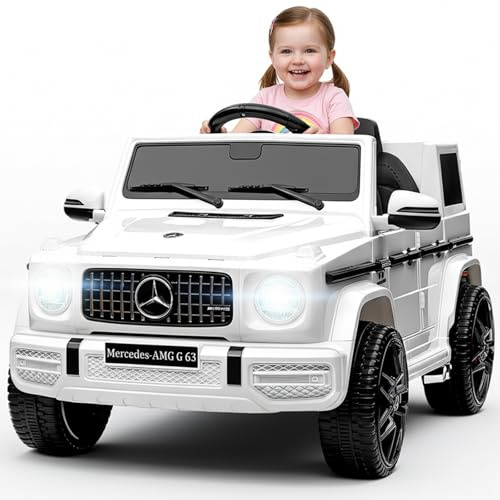 HAUSPROFI Auto elettrica per bambini, Mercedes AMG G63, licenza originale, per bambini, con telecomando da 2,4 G, Bluetooth, musica, MP3, luce LED, veicoli elettrici da 3 anni, colore: bianco
