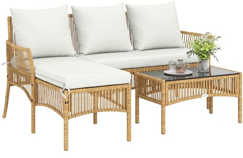 Outsunny Salotto da Giardino Esterno in Rattan 3 Pezzi, Set di Mobili da Giardino con Divano 2 Posti, Chaise Longue, Cuscini Sfoderabili Lavabili, Tavolo in Vetro, Struttura in Acciaio, Naturale/Crema