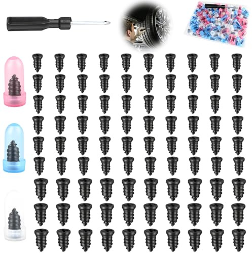90 Piezas Repara Pinchazos Coche, Clavos de Reparación de Neumáticos con Destornillador, Kit Reparación Neumáticos con Tornillos de Goma 3 Tamaños para Coche Moto Camión Bicicleta