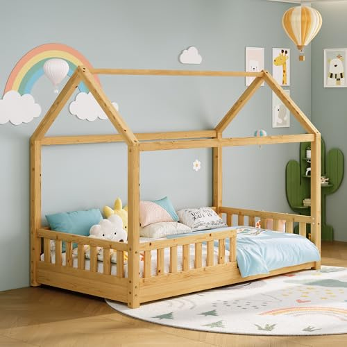 LUXOAK Kids House Bed, Natural Wood, 90x190cm, Solid Pine Wood