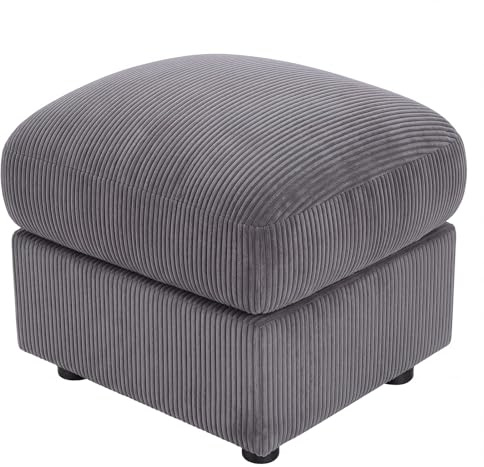 Panana Large Square Jumbo Cord Ottoman Footstool, 57x48x45cm Upholstered Pouffe with Solid Wood Legs, 150kg Weight Capacity, Soft Footrest Stool for Living Room Bedroom Office, Grey
