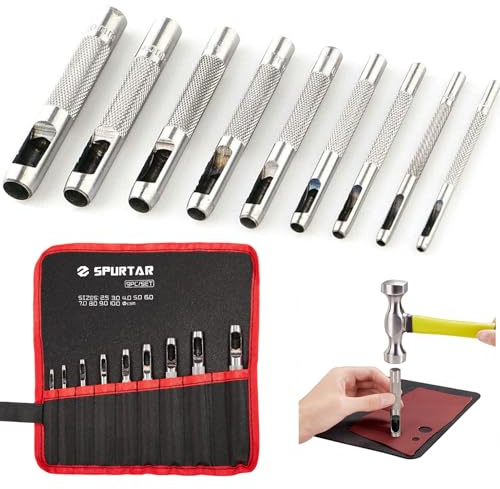 Spurtar Set Fustelle Punzoni Per Cuoio 9 Pezzi Punzonatrice Attrezzi Cuoio del Punzone Cavo Dimensione da 2,5mm a 10,0mm per buca cinture l'orologio Guarnizione panno