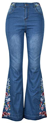 Runstarshow Jeans Patte Eléphant Femme Pantalon Bootcut Broderie Denim Pant Evasé Fleur Grande Taille Jambe Large Fermeture Eclair Bouton Elégant Vintage
