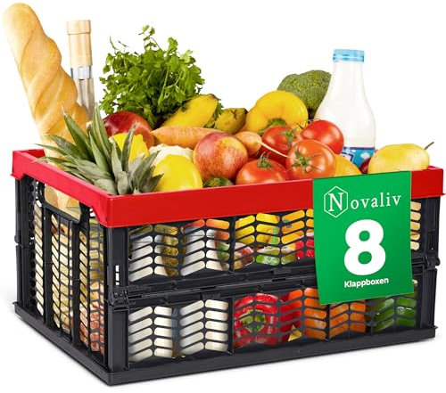 Novaliv Klappboxen faltbar stabil 8x 30L Rot Schwarz baskets Einkaufskiste Klappkisten Set Tragebox Aufbewahrung Einkaufskörbe Körbe Aufbewahrung Küche