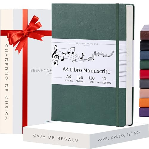 Beechmore Books Blank Sheet Music Notebook – A4 8.5”x11.5” for Songwriters, Musicians & Composers,156 Thick 120gsm Pages,10-Staff Perforated Sheets, Vegan Leather Hardcover, Elastic Closure, Gift Box