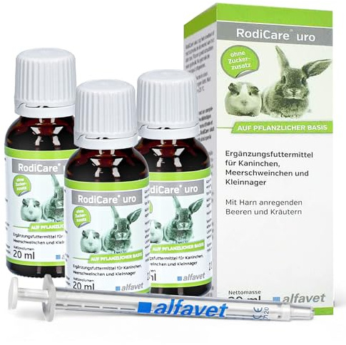 alfavet RodiCare Uro for Rabbits, Guinea Pigs & Small Rodents (3 x 20 ml) – Urinary Tract Support Supplement – Liquid Formula with Herbal Extracts – with Dosing Syringe