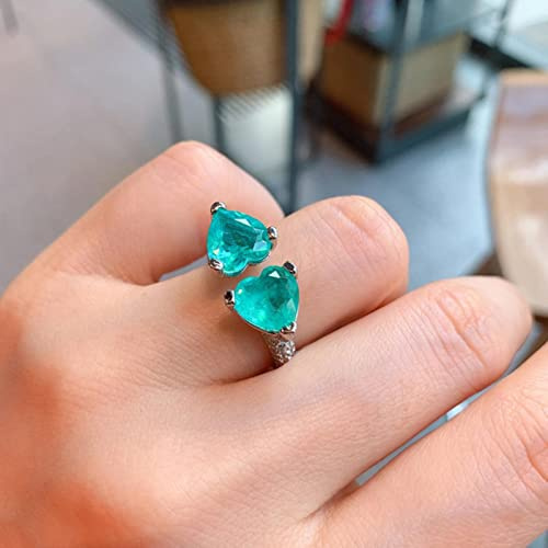 kvinnor Justerbara Ringar, ångestring, Hjärta Emerald Paraiba Tourmaline Öppen Ring Dam 925 Silver Party Cocktail Smycken Present
