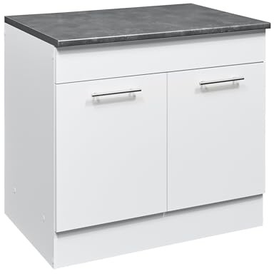 möbelando Eddy Moderner Spülenunterschrank Küche in Weiß matt, Metallic Grau - Geräumiger Küchenschrank mit viel Stauraum - 100 x 90 x 60 cm (B/H/T)