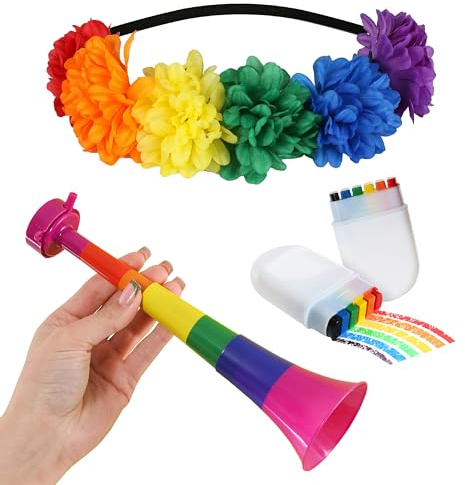 'I LOVE FANCY DRESS Pride blomsterpannband, vuvuzela och ansiktsfärg – regnbågsblomma pannband, regnbåge Vuvuzela bullerdjur och regnbågsfärgad färgpinne – perfekt för stolthet och sommarevenemang