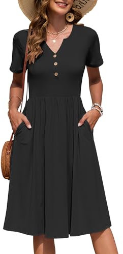 AUSELILY Women's Summer Short Sleeve Midi Dresses V Neck Empire Button Knee Length Dress with Pockets Black M