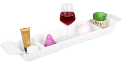 Stimo Badewannenablage verstellbar 55,5-78cm mit Ablauflöchern und gummierten Auflageflächen für sicheren Halt - Ideal für Bücher, Handys, Tablets u.v.m.