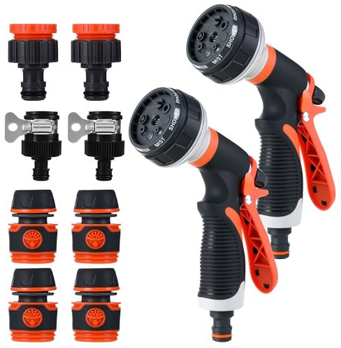 Juego de 2 Pistola Manguera Jardin, 8 modos de pulverización ajustables, boquilla de manguera de alta presión, ideal para regar jardines, bañar mascotas, lavar vehículos y limpiar aceras. (naranja).