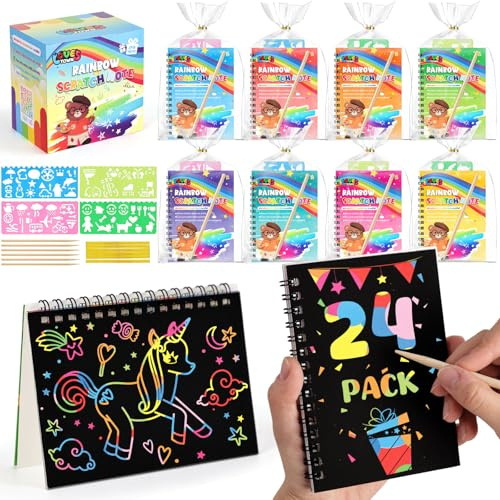 LovesTown Scratch Paper Art Crafts Gift, 24 Pack Rainbow Scratch Paper for Boys & Girls Ages 4-12, Party Favor Games DIY Activity Classroom Prizes