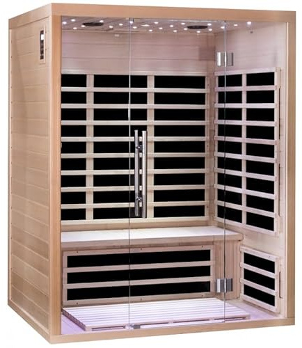 SNÖ Sauna Infrarouge Luxe 3 Places 2480W | Bois Hemlock du Nord & Ciel Étoilé LED | Porte Vitrée, Bluetooth, Panneaux Carbone | Dimensions: L150xP150xH190 cm