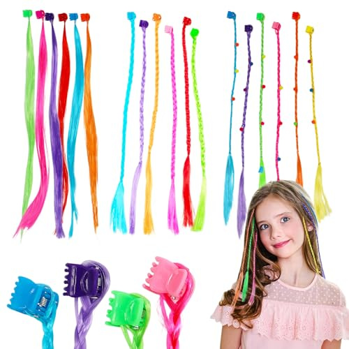 18 Pezzi Extension Capelli Colorati con clip, Estensioni per Bambini con Fermagli, Ciocche Colorate per Capelli, per Ragazze Partito Festival