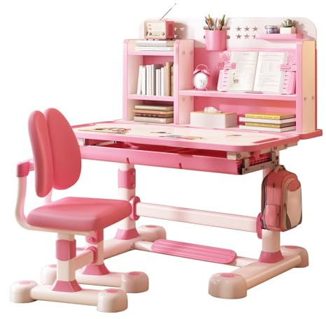 Fiauli Set di scrivania e sedia per bambini, regolabile in altezza, sedia da studio per bambini, tavolo multifunzionale con cassetto, libreria, tavolo ergonomico per imparare a disegnare per ragazze e