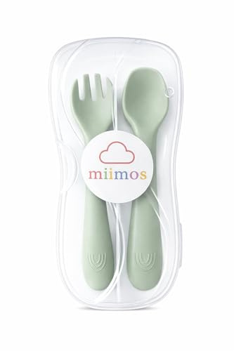 miimos Cubiertos Bebé Silicona BLW con Estuche de Viaje | Cuchara y Tenedor Ergonómicos Sin BPA | Set Guardería y Aprendizaje Autónomo