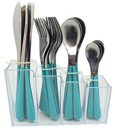 EXZACT 24 PCS Couverts en Acier Inoxydable de dans Une Grille de Fixation en Plastique - Poignées de Couleur - 6 fourchettes, 6 Couteaux, 6 cuillères à Manger, 6 cuillerées à café