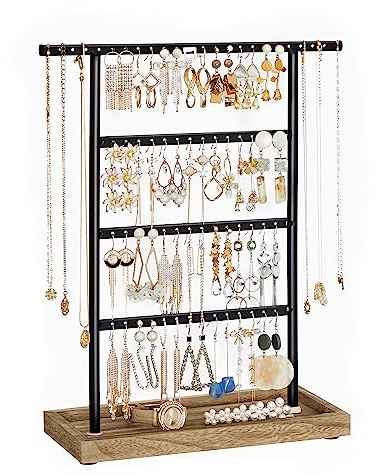 SONGMICS Jewelry Organizer, 4-Tier Earring Holder Organizer Stand with Base Tray, for Studs and Necklaces, Vintage, Wood Color and Black UJJS019B01
