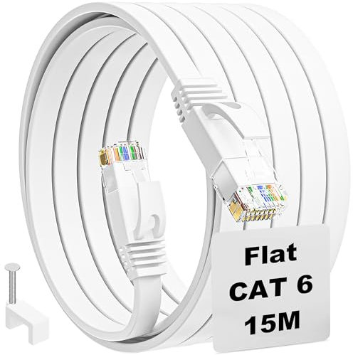 Cable Ethernet 15 Metros, Cat 6 Cable de Red Plano Largo Latiguillo Rj45 Cat 6 Cable Network Gigabit Blanco Alta Velocidad Cable Internet 15m para Switch, Router, Módem, Panel de Conexión, PC