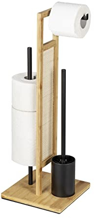 WENKO Stand Rivalta Allegre, fristående toalettset med toalettborste, toalettpapper och reservrullehållare, av bambu, rotting och svart matt lackerat stål, 25 x 73 x 25 cm, natur