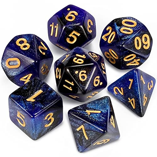 CiaraQ DND Polyhedral Dice Set for Dungeons and Dragons RPG MTG Role Playing Table Games-with 1 Dice Pouch (Dark Blue & Black + Glitter)