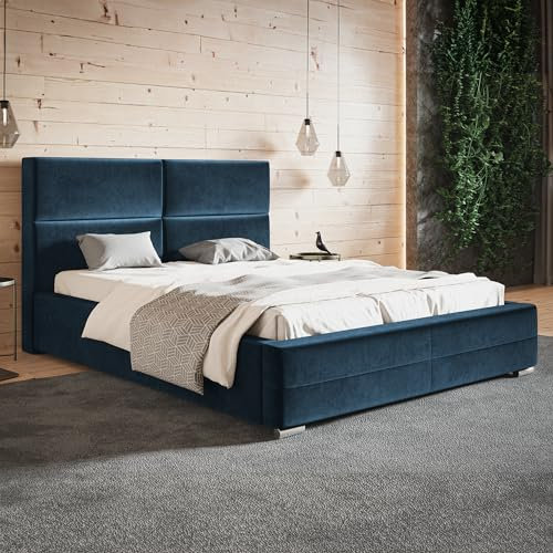 MOTIVENA Malaga Polsterbett 120x200 mit Bettkasten, Bett 120x200 mit Stauraum, Bett Kopfteil Samt, ohne Matratze, Bett Samt, Polsterbett 120x200 Blau Dunkelblau