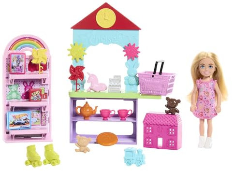 Barbie Chelsea Spielzeuggeschäft-Spielset mit Kleiner Blonder Puppe, Theke und Möbeln zum Ausstellen sowie 15 Zubehörteilen, etwa Mini-Spielzeug, HNY59