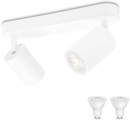KYOTECH Lámpara de techo blanca con 2 focos Lámpara de techo LED de 5W orientable y giratoria incluida bombilla GU10 3000K 420LM Focos de techo para cocina, dormitorio, sala de estar