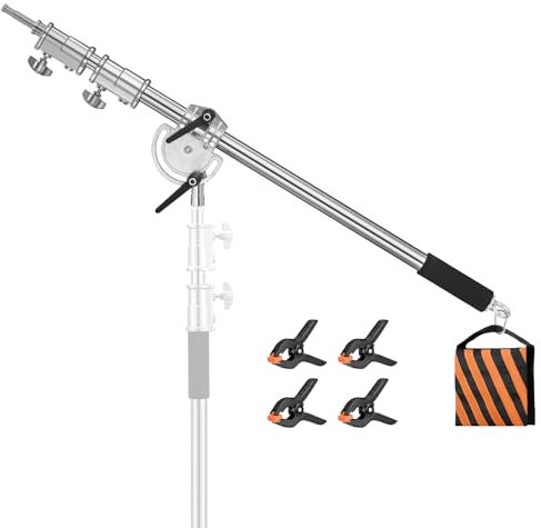 Soonpho Metal Heavy Galgen für C Stand Silber Auslegearm 3.6ft bis 8.2ft Galgenstativ,C Stand Arm mit Sandsack und Klemme für Studio Monolight Softbox Reflektor
